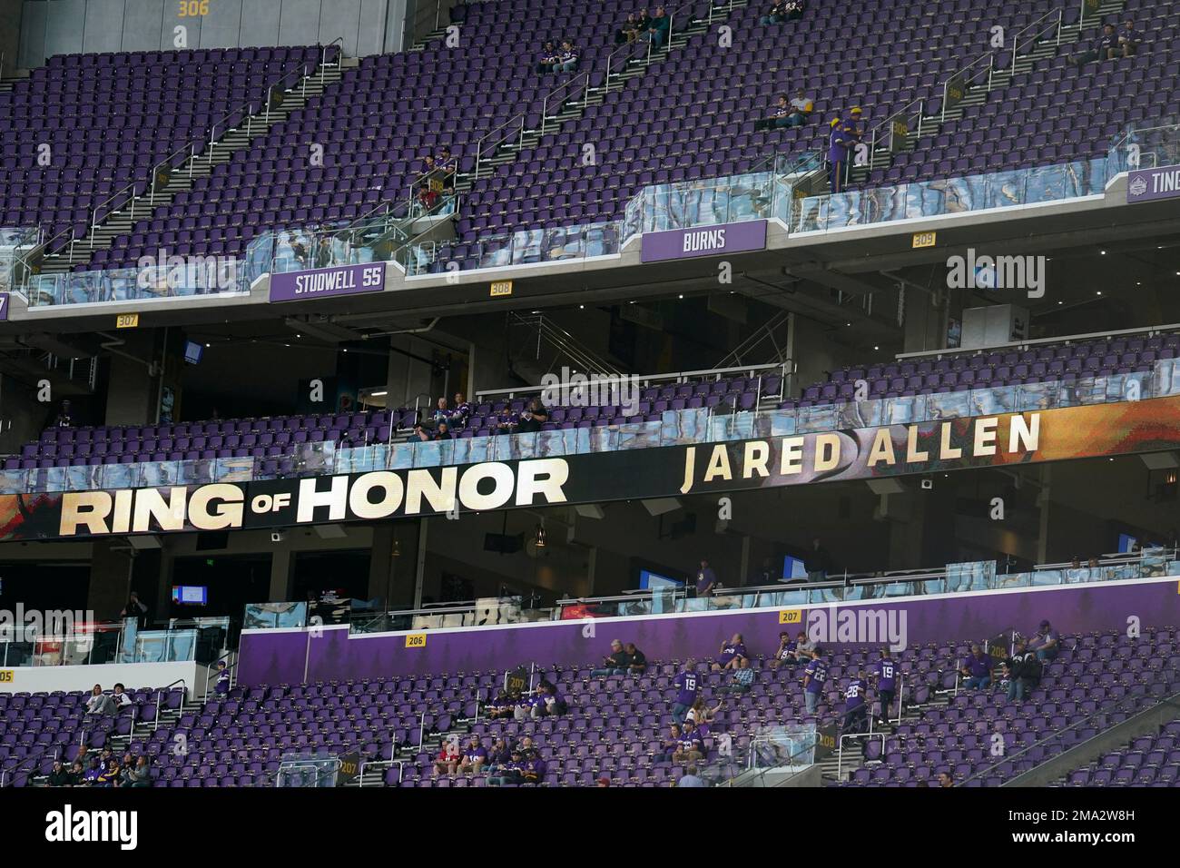 Former Minnesota Vikings defensive end Jared Allen's name is seen on the  team's Ring of Honor before an NFL football game against the Arizona  Cardinals, Sunday, Oct. 30, 2022, in Minneapolis. (AP