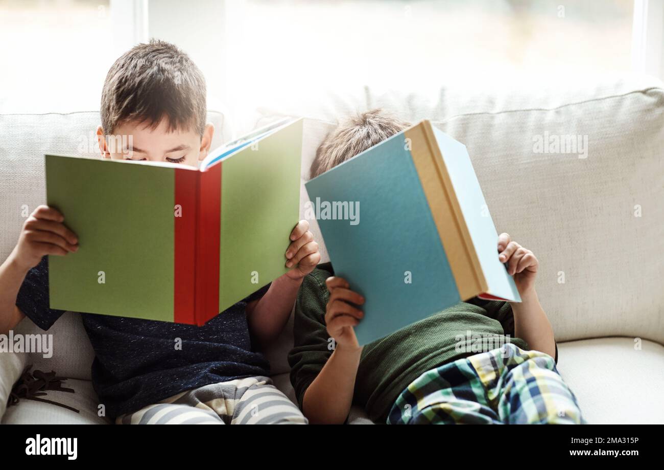 Children, bonding and reading books for education, learning or relax studying on house living room in family home sofa. Kids, brothers and boys with Stock Photo