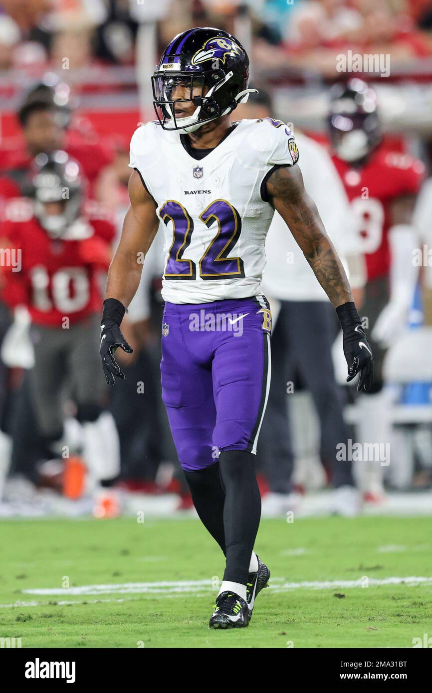 Baltimore Ravens cornerback Damarion Williams (22) in action during the  first half of an NFL football game against the Jacksonville Jaguars,  Sunday, Nov. 27, 2022, in Jacksonville, Fla. (AP Photo/Gary McCullough Stock