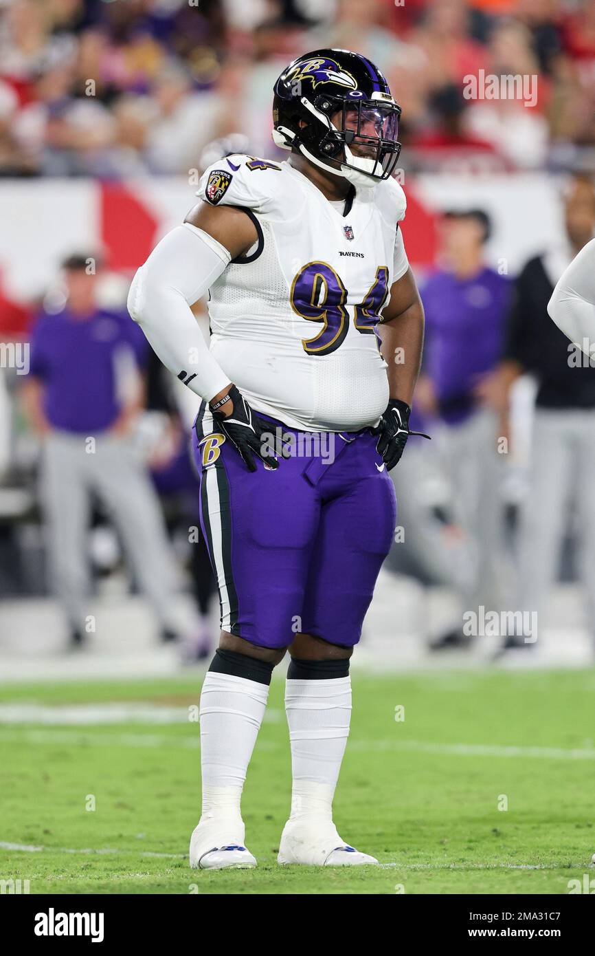 Baltimore Ravens defensive tackle Isaiah Mack (94) waits at the line during  a NFL football game against the Tampa Bay Buccaneers,Thursday, Oct. 27,  2022 in Tampa, Fla. (AP Photo/Alex Menendez Stock Photo 