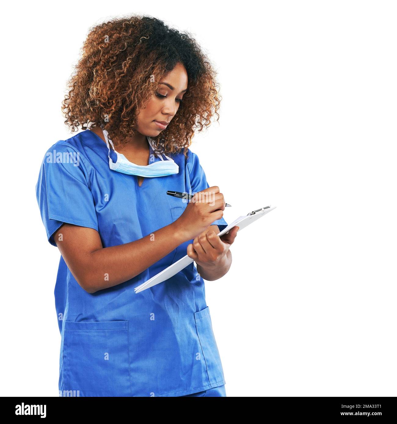Healthcare, clipboard and mockup with a nurse black woman writing in studio isolated on a white background. Medical, documents and insurance with a Stock Photo