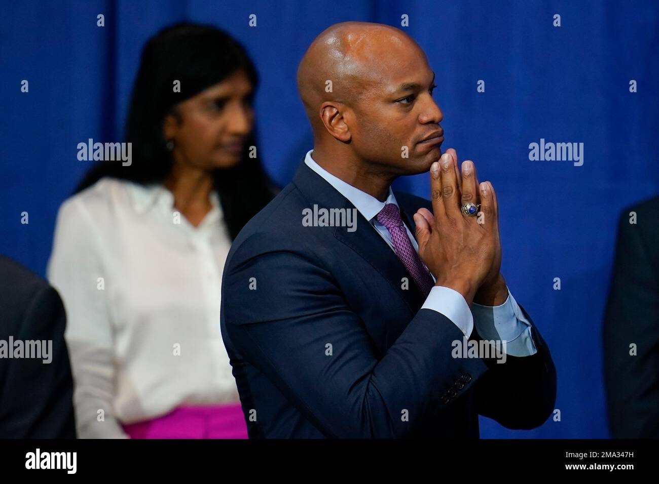 Maryland Gov. Wes Moore dons the Orioles City Connect hat prior to a  baseball game between the Baltimore Orioles and the Texas Rangers,  Saturday, May 27, 2023, in Baltimore. (AP Photo/Julio Cortez Stock Photo -  Alamy