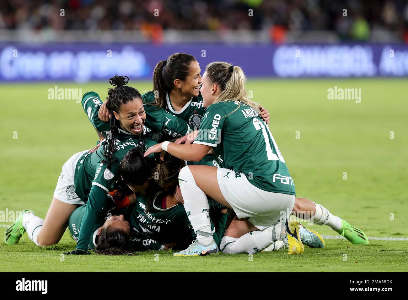 Poliana Barbosa, center below, of Brazil's Palmeiras celebrates scoring
