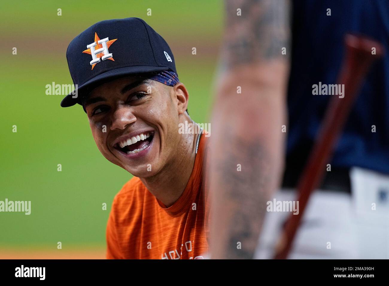 Houston Astros' Jeremy Pena smiles during batting practice before a  baseball game against the Chicago Cubs Wednesday, May 17, 2023, in Houston.  (AP Photo/David J. Phillip Stock Photo - Alamy