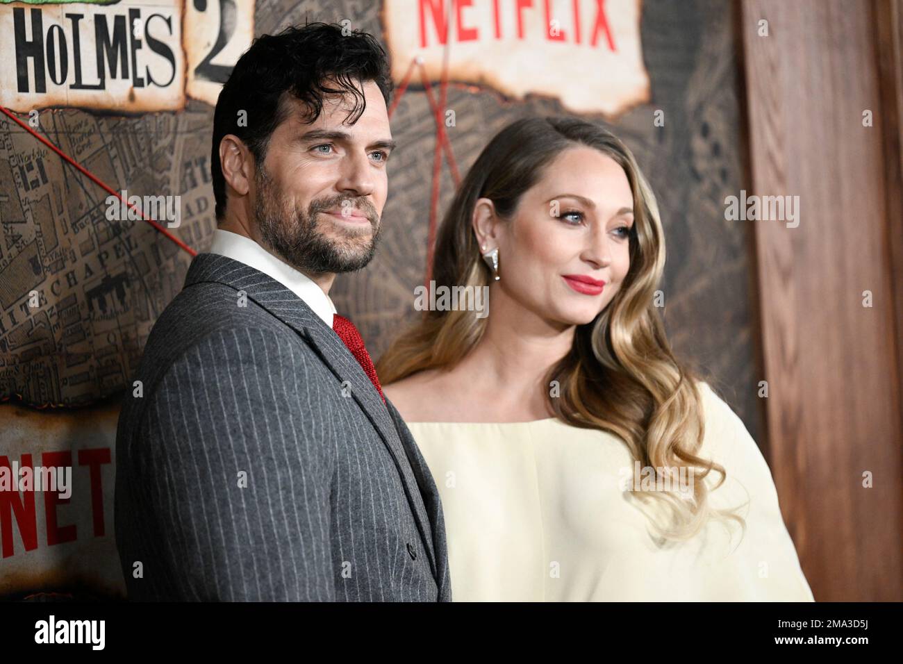 Actor Henry Cavill, left, and girlfriend Natalie Viscuso attend the world  premiere of Enola Holmes 2 at The Paris Theater on Thursday, Oct. 27,  2022, in New York. (Photo by Evan Agostini/Invision/AP