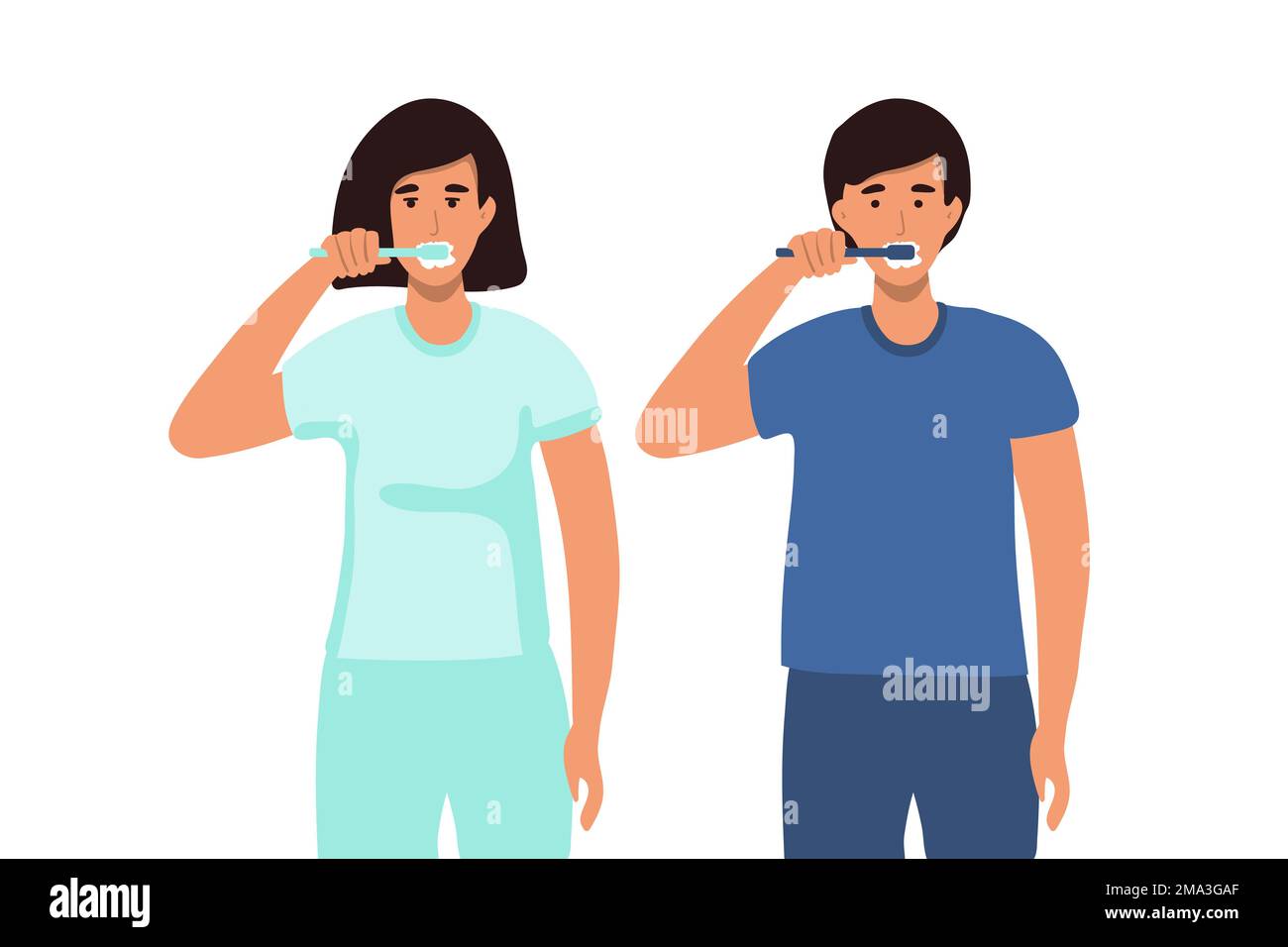 woman, man brushing his teeth. Vector illustration of a flat design. teeth cleaning, healthy teeth. concept. Stock Vector