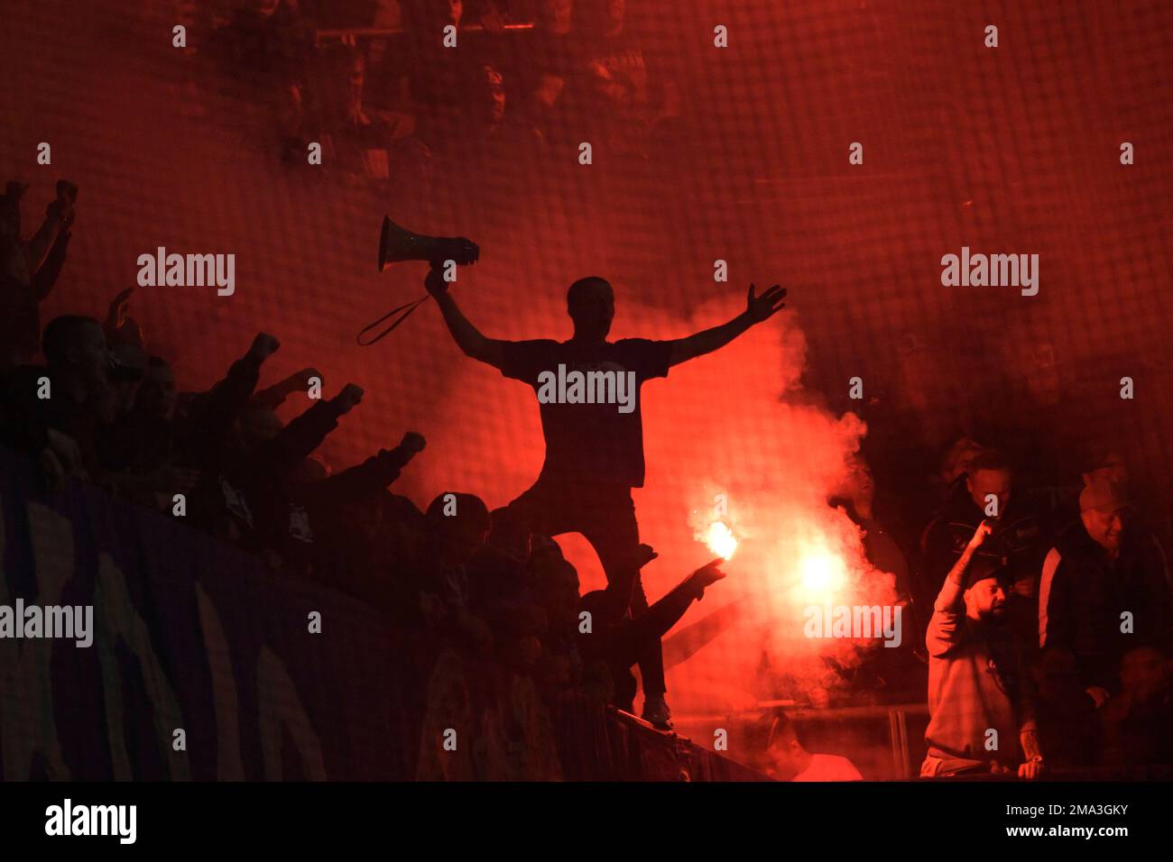 Poznan's supporters light flares during the Group C Conference League  soccer match between Austria Wien and KKS Lech Poznan, in Vienna, Austria,  Thursday, Oct.27, 2022. (AP Photo/Michael Gruber Stock Photo - Alamy