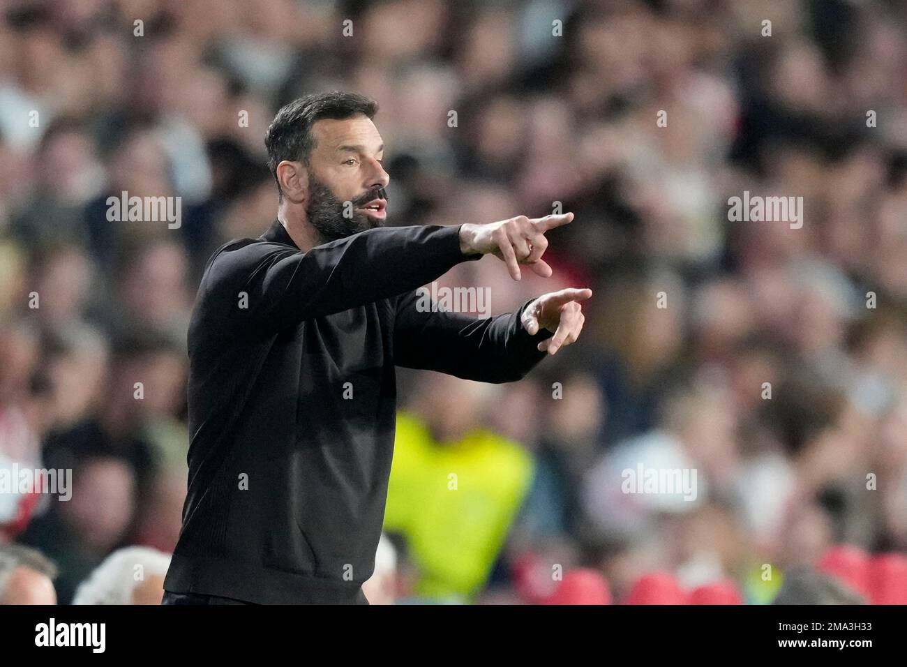 PSV's head coach Ruud van Nistelrooy gestures during the Europa League  group A soccer match between PSV and Arsenal at the Philips stadium in  Eindhoven, Netherlands, Thursday, Oct. 27, 2022. (AP Photo/Peter