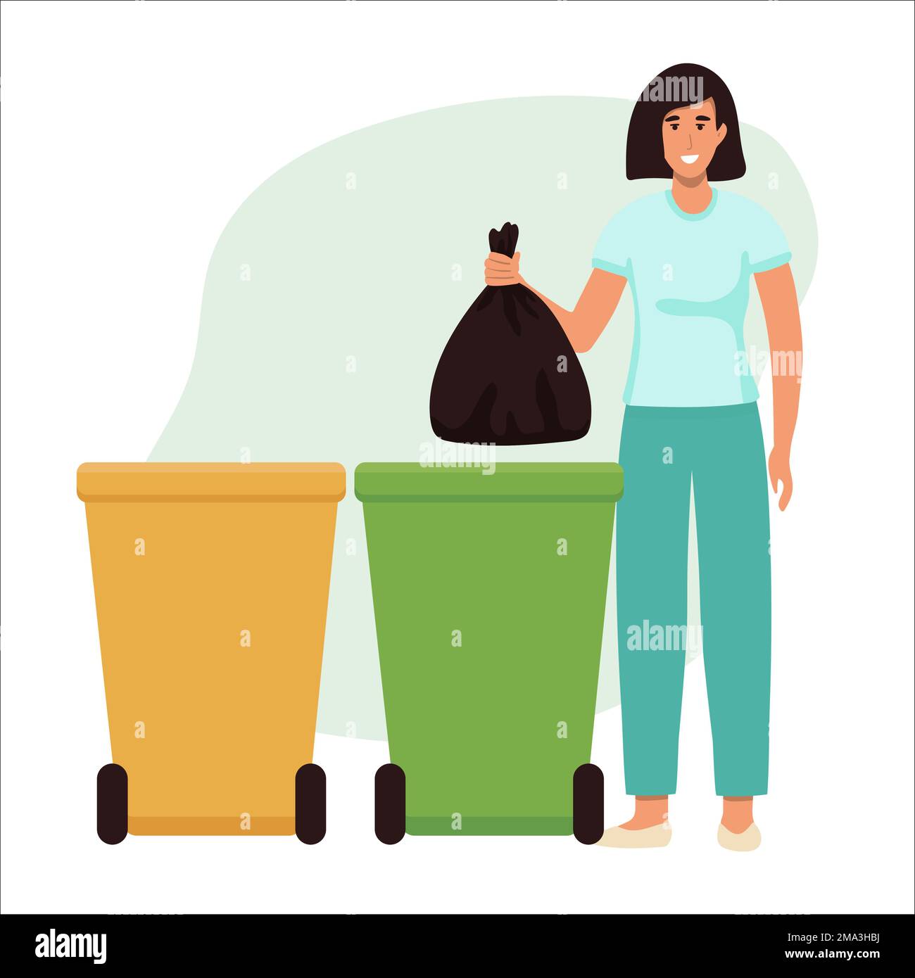 Happy woman throws away trash into green trash bin with recycling