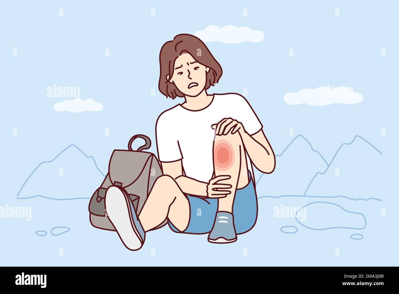 Weakened woman sits on ground with fear looks at wound on leg after fall during walk. Traveler girl was injured during hike and needs healing ointment or dressing of fracture site. Flat vector image Stock Vector