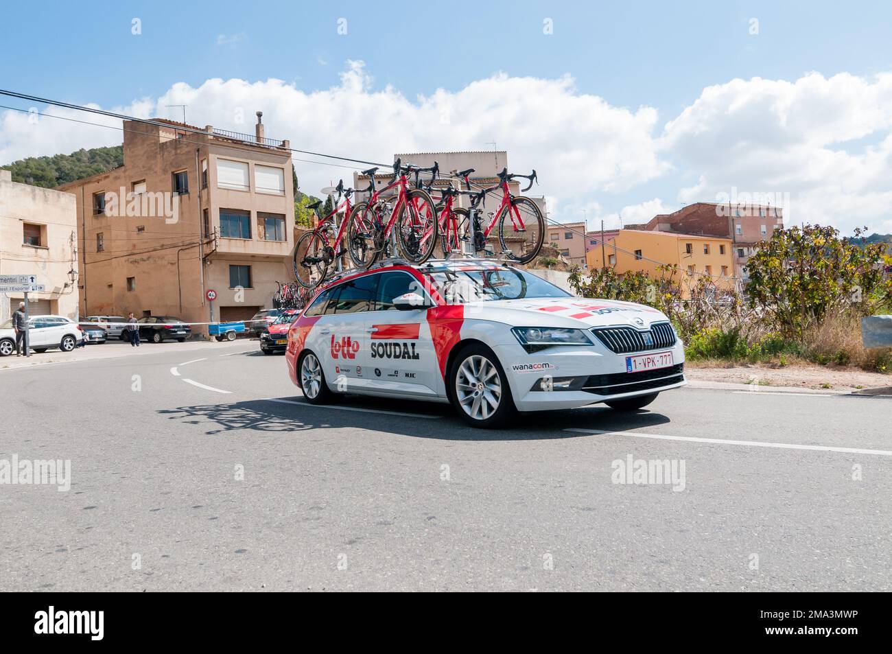 Lotto Soudal Team car. Volta Catalunya 2019. Volta Road Cycling in Catalonia. Picamoixons, Tarragona, Catalonia, Spain Stock Photo