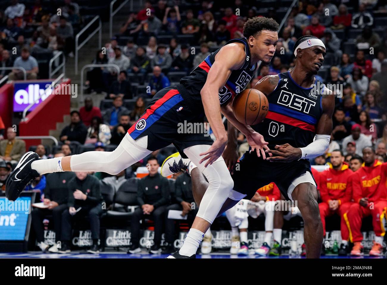 Detroit Pistons forward Kevin Knox II (20) plays against the New Orleans  Pelicans in the first half of an NBA basketball game in Detroit, Friday,  Jan. 13, 2023. (AP Photo/Paul Sancya Stock