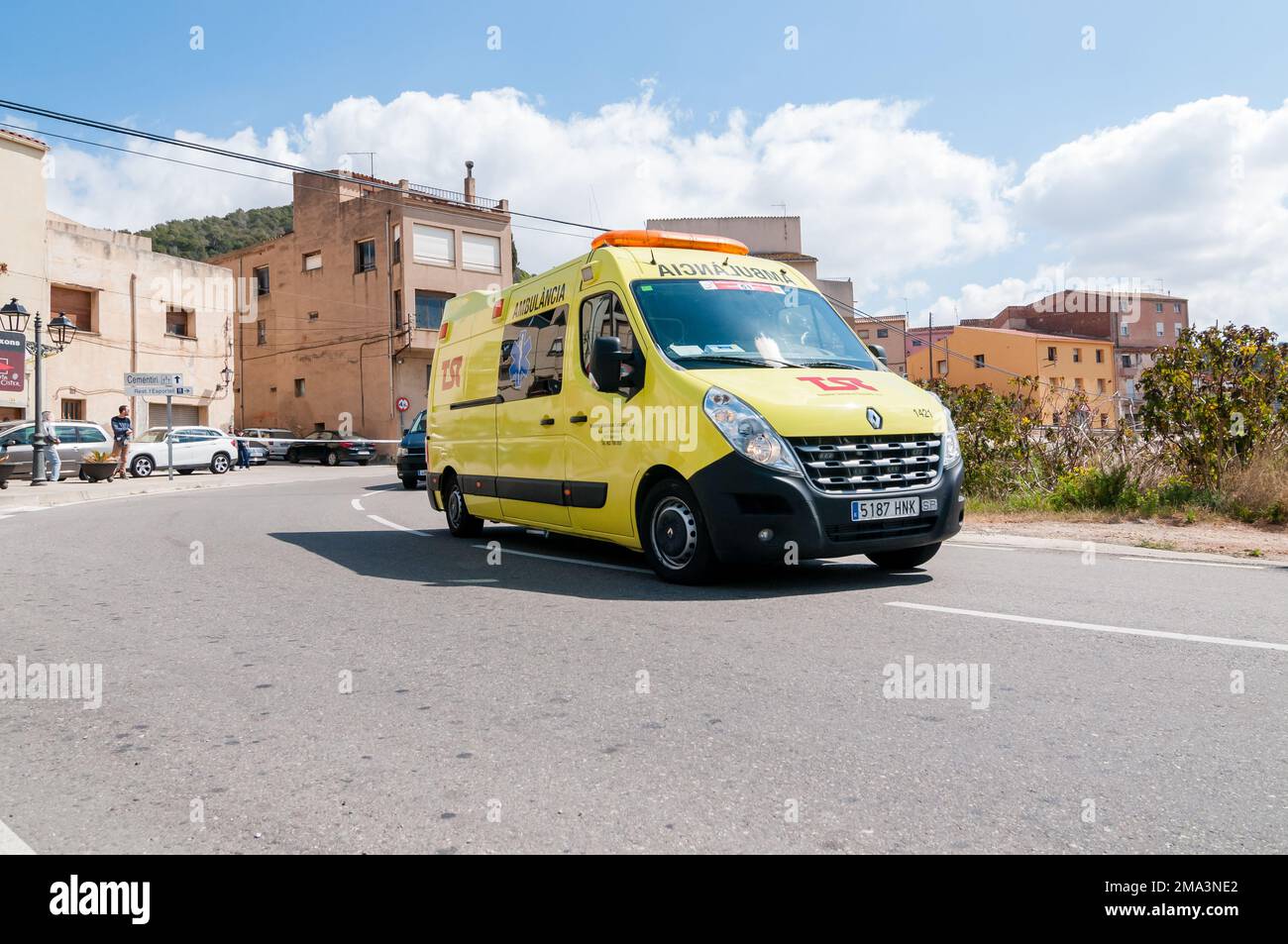 Ambulance van, supporting a cycling race, Volta Catalunya 2019. Volta Road Cycling in Catalonia. Picamoixons, Tarragona, Catalonia, Spain Stock Photo