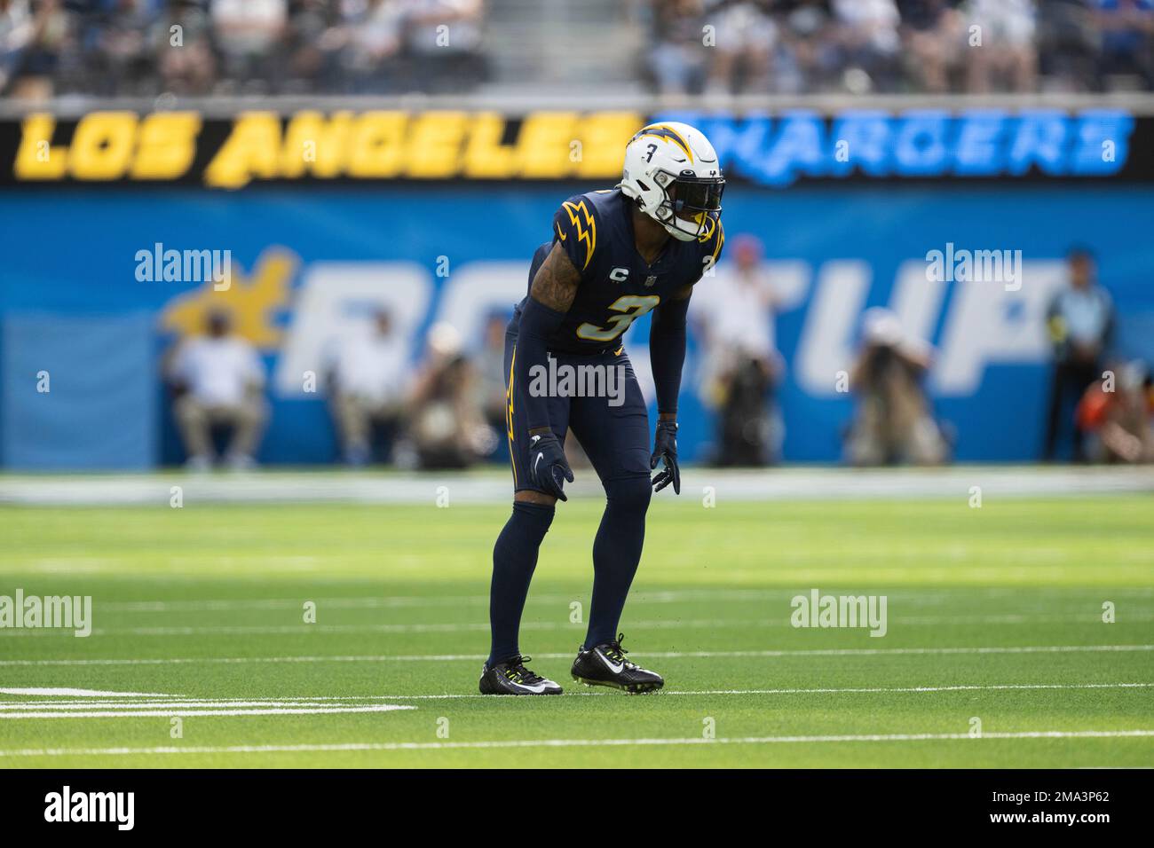 Los Angeles Chargers safety Derwin James Jr. (3) in action during an NFL  football game against the Las Vegas Raiders, Sunday, September 11, 2022 in  Inglewood, Calif. The Chargers defeated the Raiders