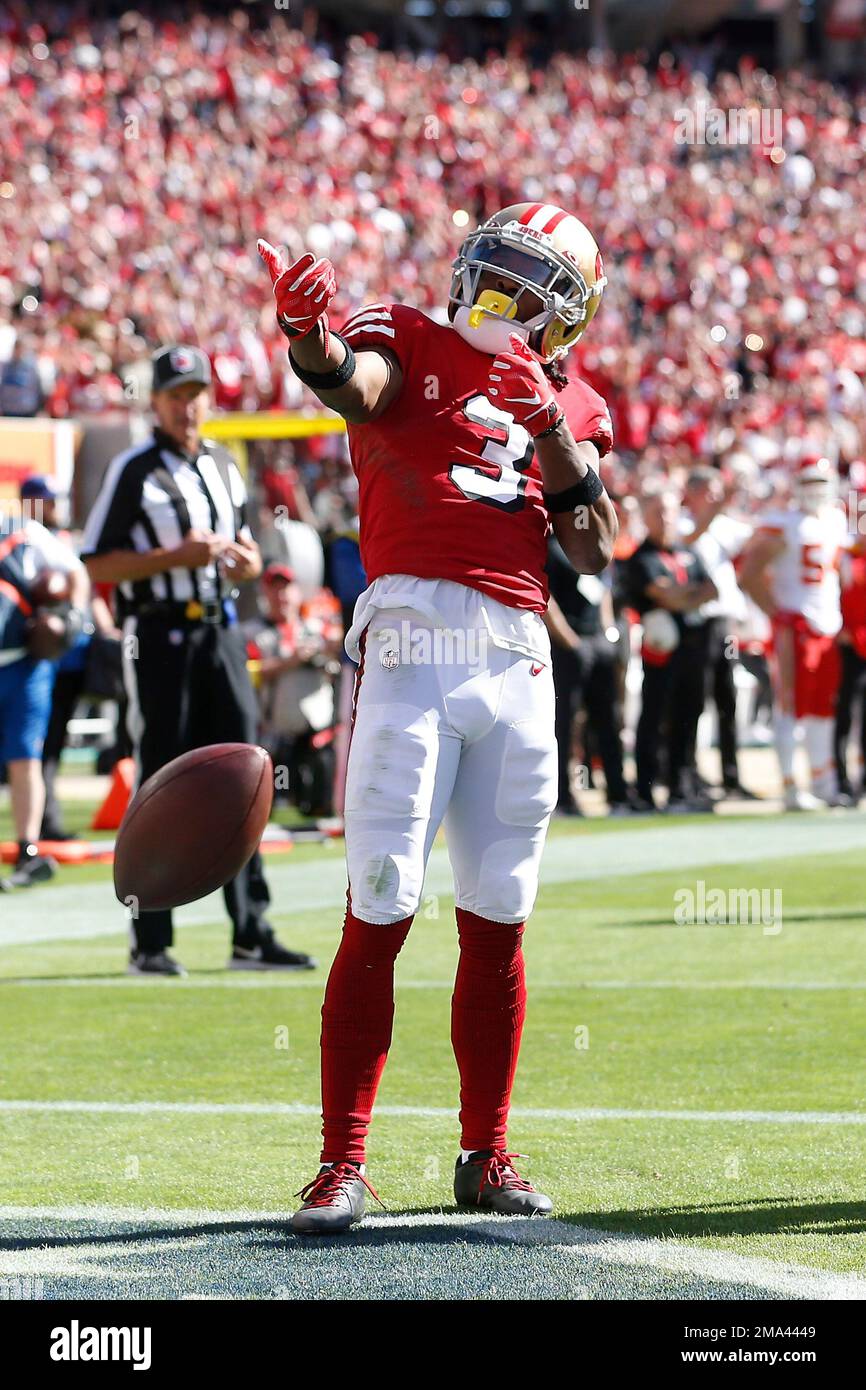 San Francisco 49ers wide receiver Ray-Ray McCloud III (3) celebrates after  a touchdown in the first quarter against the Kansas City Chiefs during an  NFL football game, Sunday, Oct. 23, 2022 in