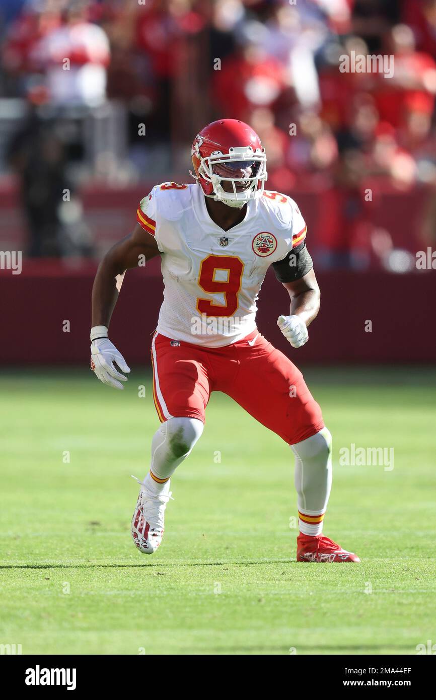 Kansas City Chiefs wide receiver JuJu Smith-Schuster (9) runs a route in  the third quarter during an NFL football game against the San Francisco  49ers, Sunday, Oct. 23, 2022 in Santa Clara,