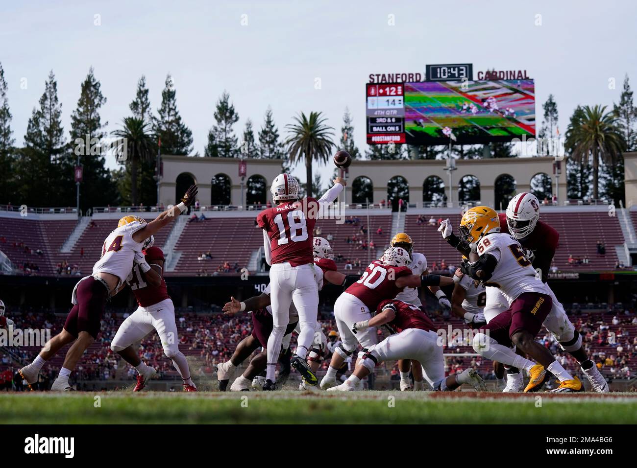 Stanford quarterback Tanner McKee (18) passes against Arizona State