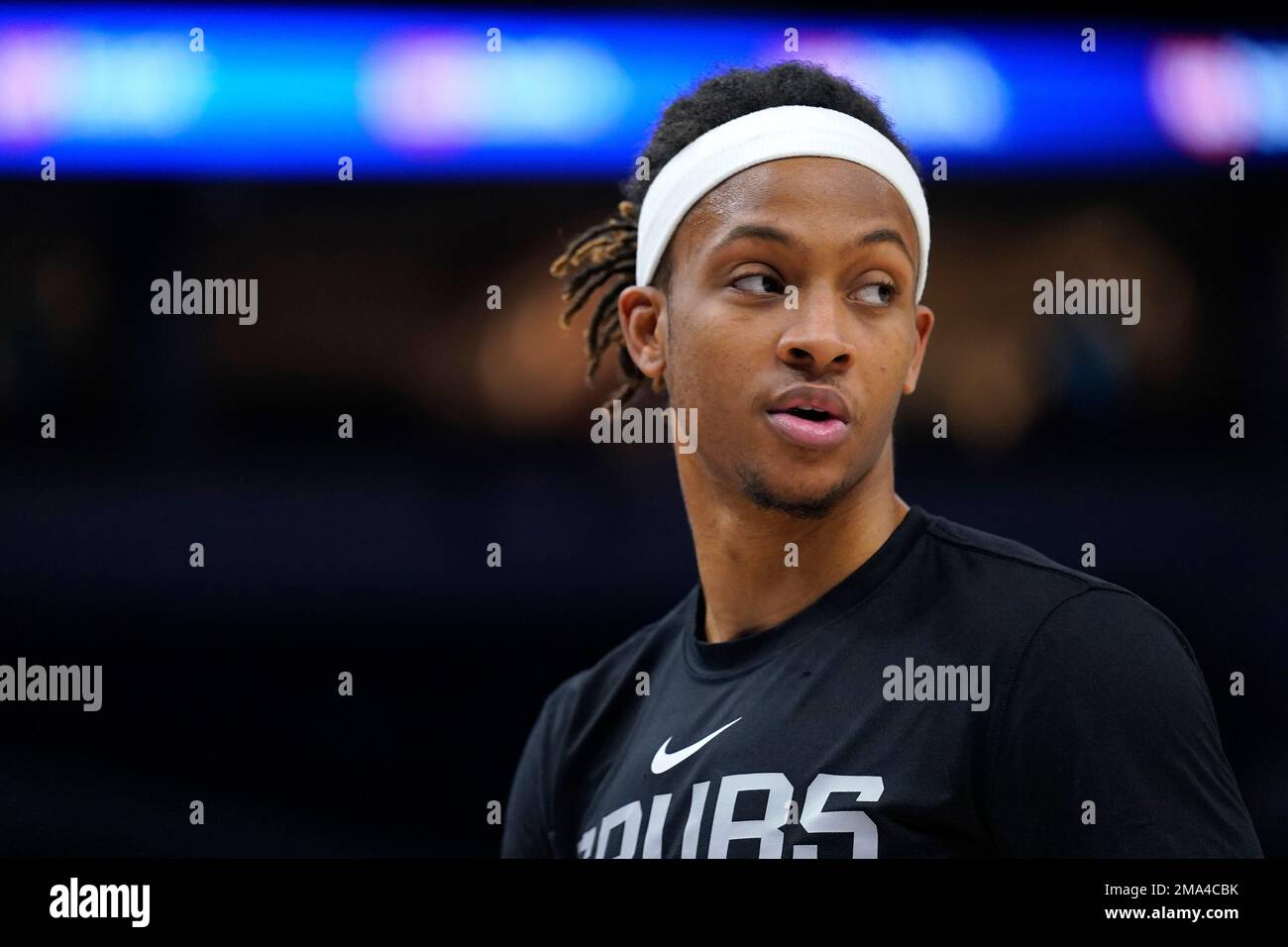 San Antonio Spurs guard Romeo Langford stands on the court before an NBA basketball game against