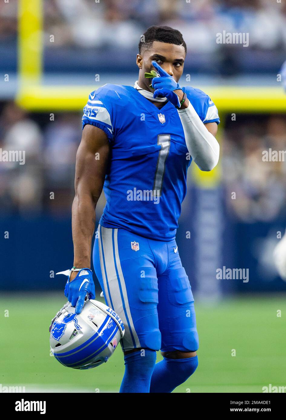 Detroit Lions cornerback Jeff Okudah (1) is seen during an NFL football