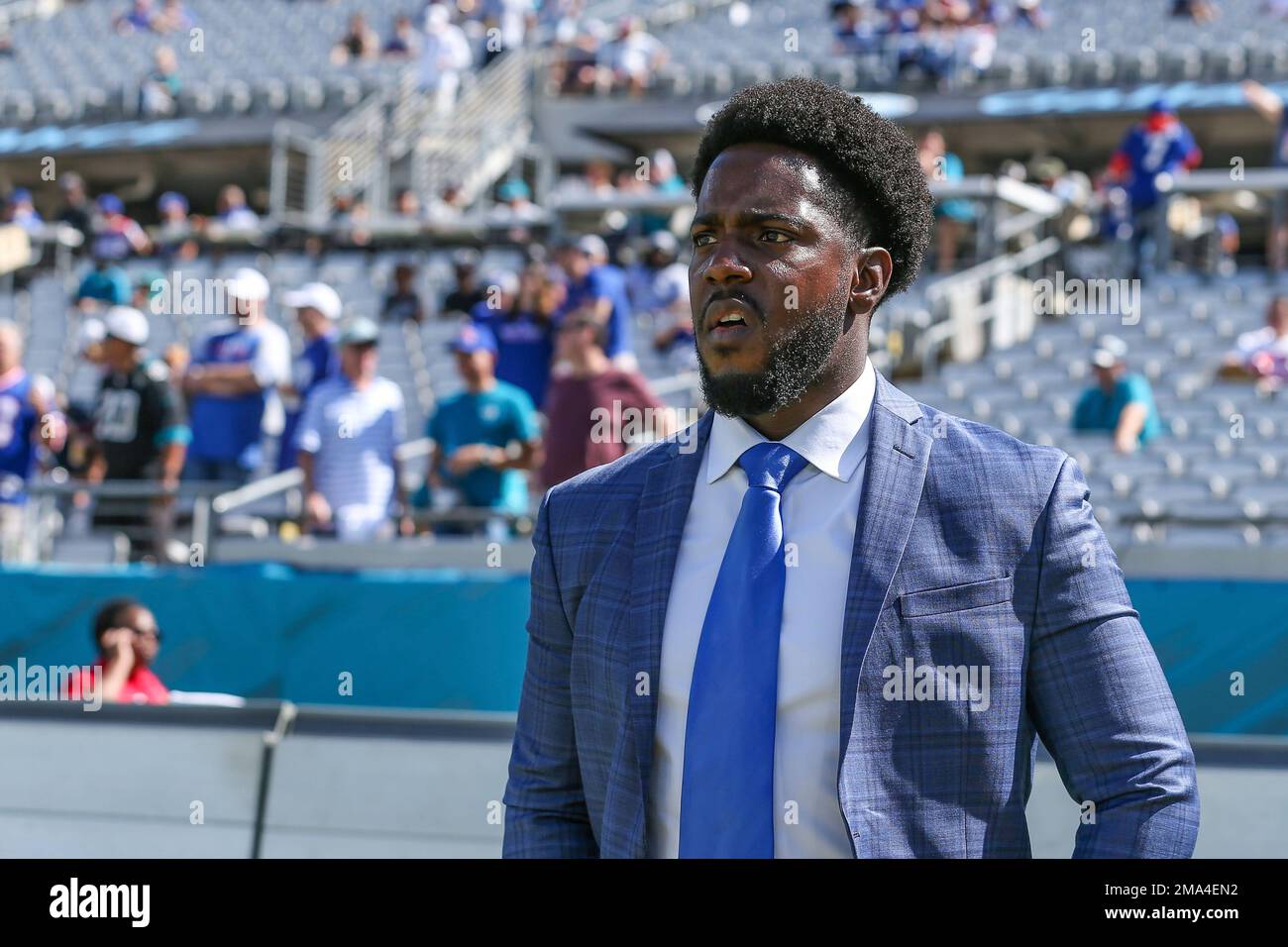New York Giants assistant general manager Brandon Brown walks the sideline  during warm-ups before an NFL football game against the Jacksonville  Jaguars on Sunday, Oct. 23, 2022, in Jacksonville, Fla. (AP Photo/Gary