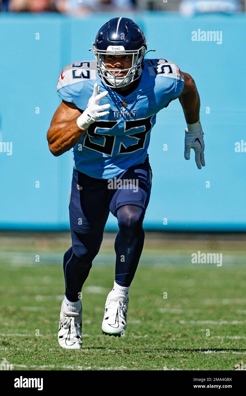 Tennessee Titans linebacker Dylan Cole (53) wears his My Cause My