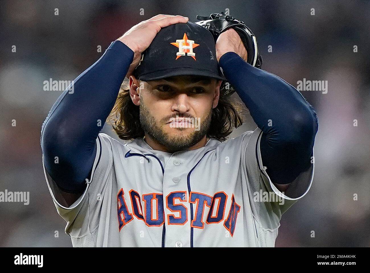 Houston Astros starting pitcher Lance McCullers Jr. reacts after