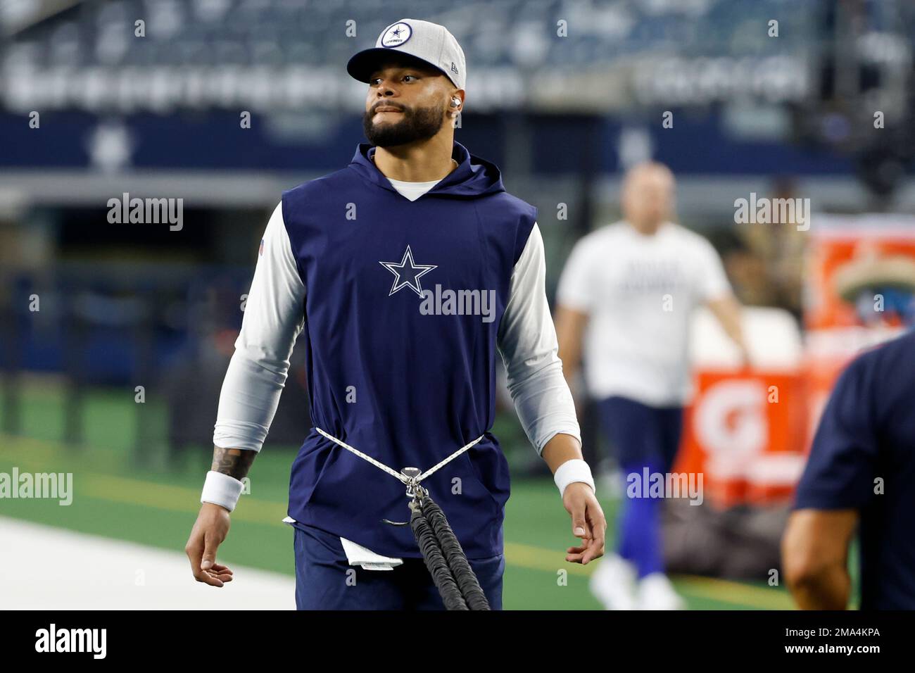 Dallas Cowboys quarterback Dak Prescott warms up before the start of an