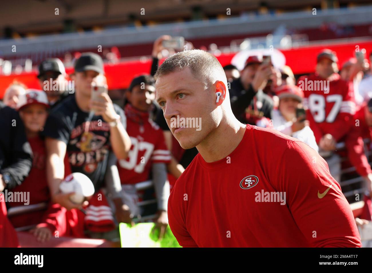 San Francisco 49ers running back Christian McCaffrey warms up before an NFL  football game against the Kansas City Chiefs in Santa Clara, Calif.,  Sunday, Oct. 23, 2022. (AP Photo/Godofredo A. Vásquez Stock