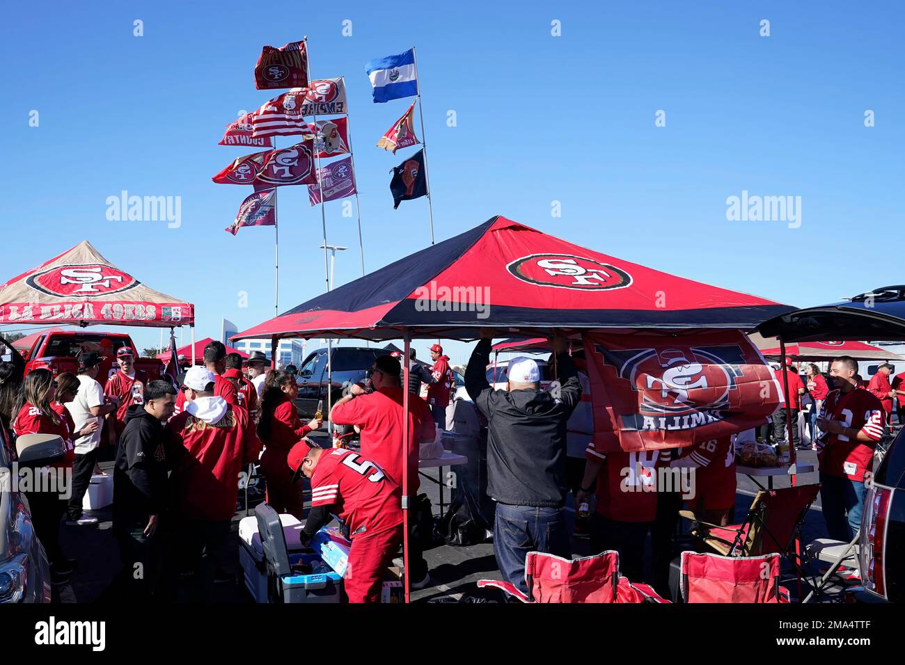 Fans tailgate outside of Levi's Stadium before an NFL football game between  the San Francisco 49ers and the Kansas City Chiefs in Santa Clara, Calif.,  Sunday, Oct. 23, 2022. (AP Photo/Godofredo A.