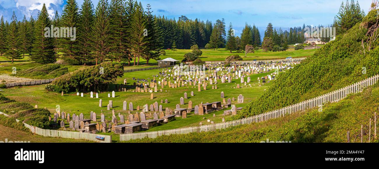 The picturesque Norfolk Island cemetery has graves of convicts, early settlers, and the descendants of the Bounty Mutineers. Stock Photo