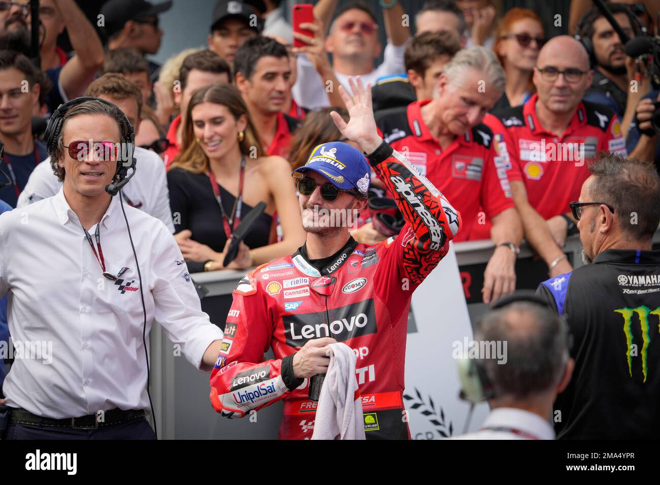 Italian rider Francesco Bagnaia of the Ducati Lenovo Team waves towards ...