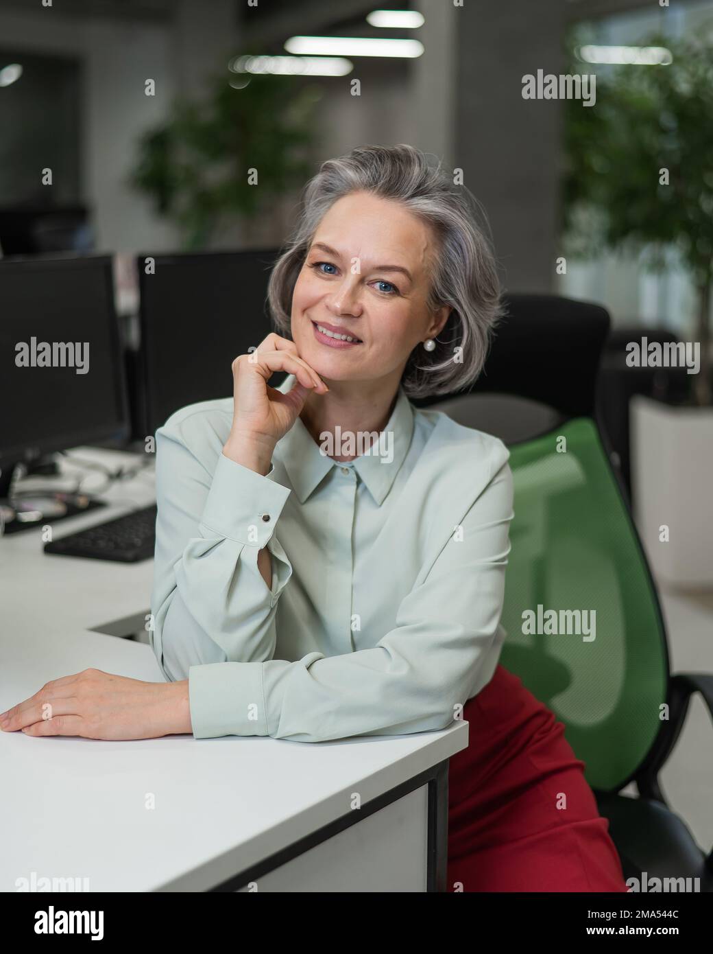 Mature caucasian woman at the desk in the office Stock Photo - Alamy