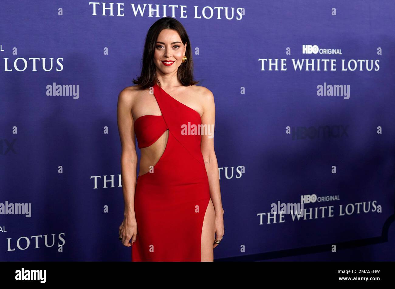 Aubrey Plaza, a cast member in "The White Lotus," poses at the Season 2 ...
