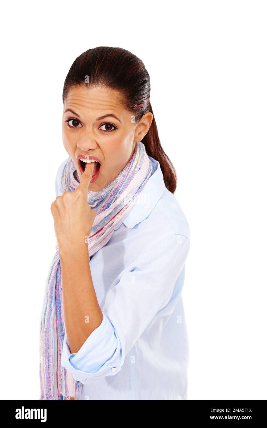 Disgusted portrait and woman sticking finger for nausea, sickness and