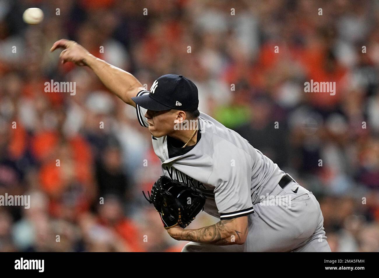 New York Yankees relief pitcher Jonathan Loaisiga (43) works from the mound  during the sixth inning in Game 2 of baseball's American League  Championship Series between the Houston Astros and the New