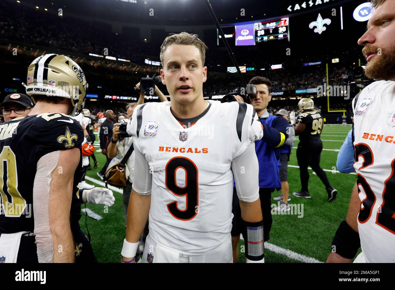 Cincinnati Bengals quarterback Joe Burrow (9) after an NFL football game  against the New Orleans Saints, Sunday, Oct. 16, 2022, in New Orleans. (AP  Photo/Tyler Kaufman Stock Photo - Alamy