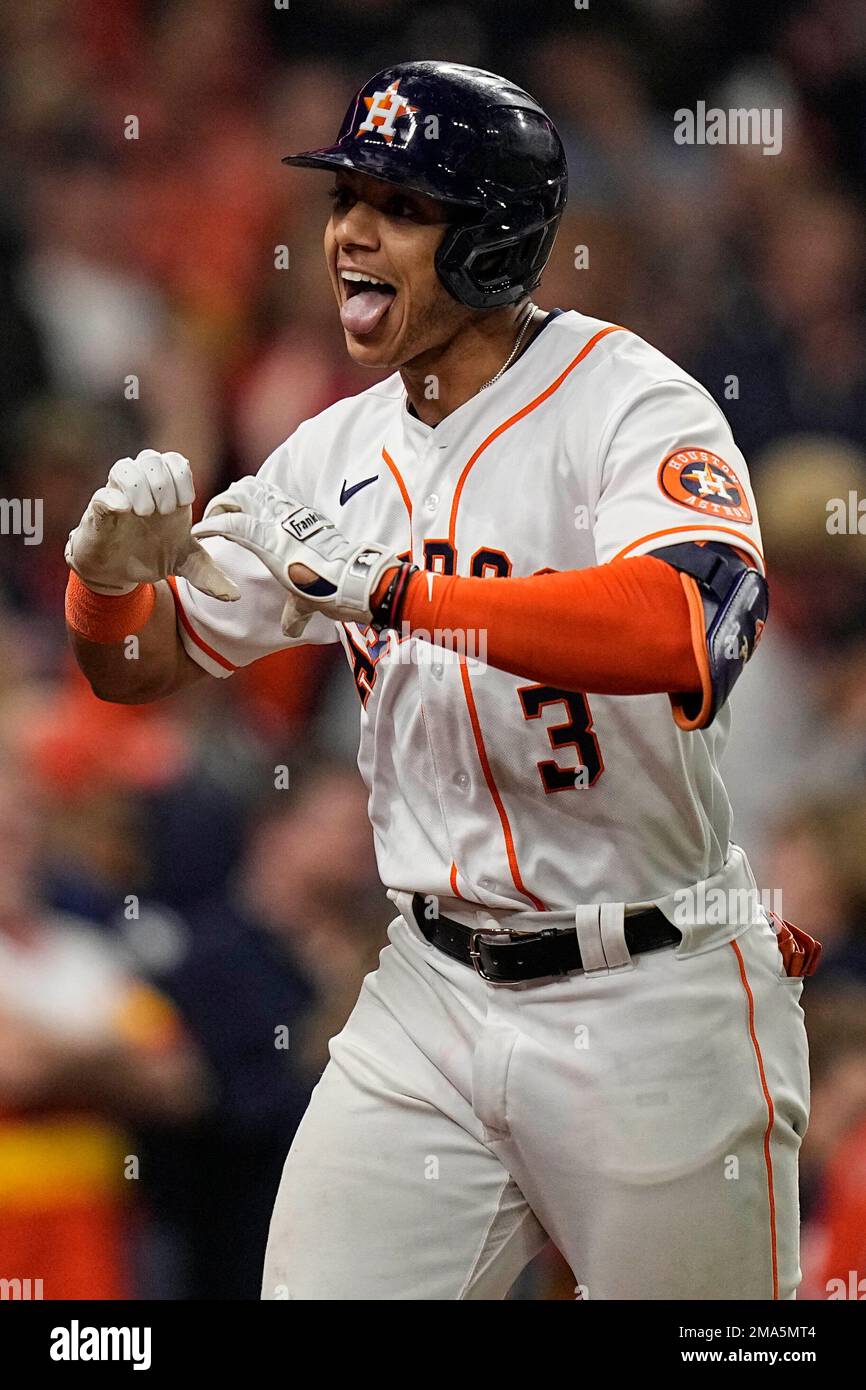 Houston Astros shortstop Jeremy Pena (3) celebrates his solo homer during  the seventh inning in Game 1 of baseball's American League Championship  Series between the Houston Astros and the New York Yankees,