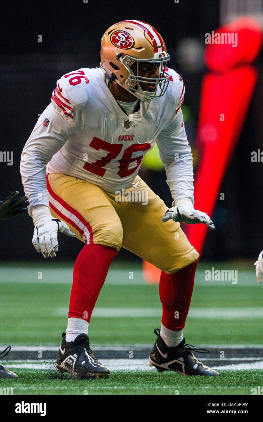 San Francisco 49ers guard Jaylon Moore (76) lines up during the second half  of an NFL football game against the Atlanta Falcons, Sunday, Oct. 16, 2022,  in Atlanta. The Atlanta Falcons won