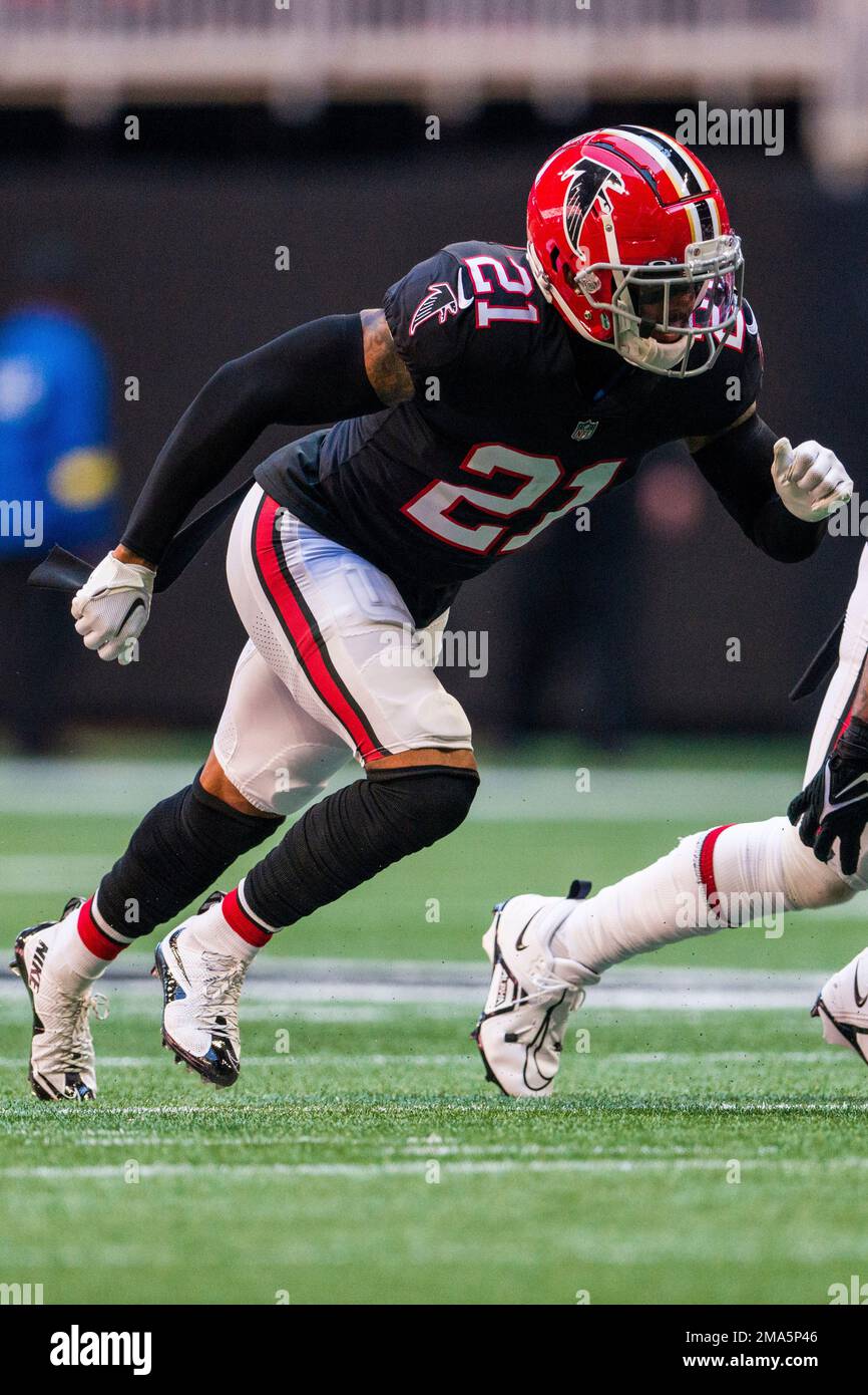 Atlanta Falcons safety Dean Marlowe (21) works during the first half of