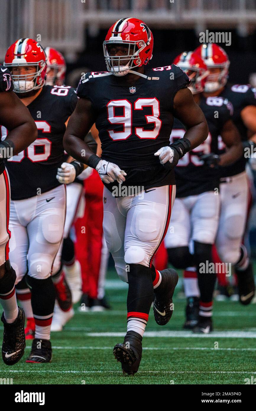 Atlanta Falcons defensive tackle Timmy Horne (93) and wide receiver Drake  London (5) walk off the field after an NFL football game against the  Cleveland Browns, Sunday, Oct. 2, 2022, in Atlanta.