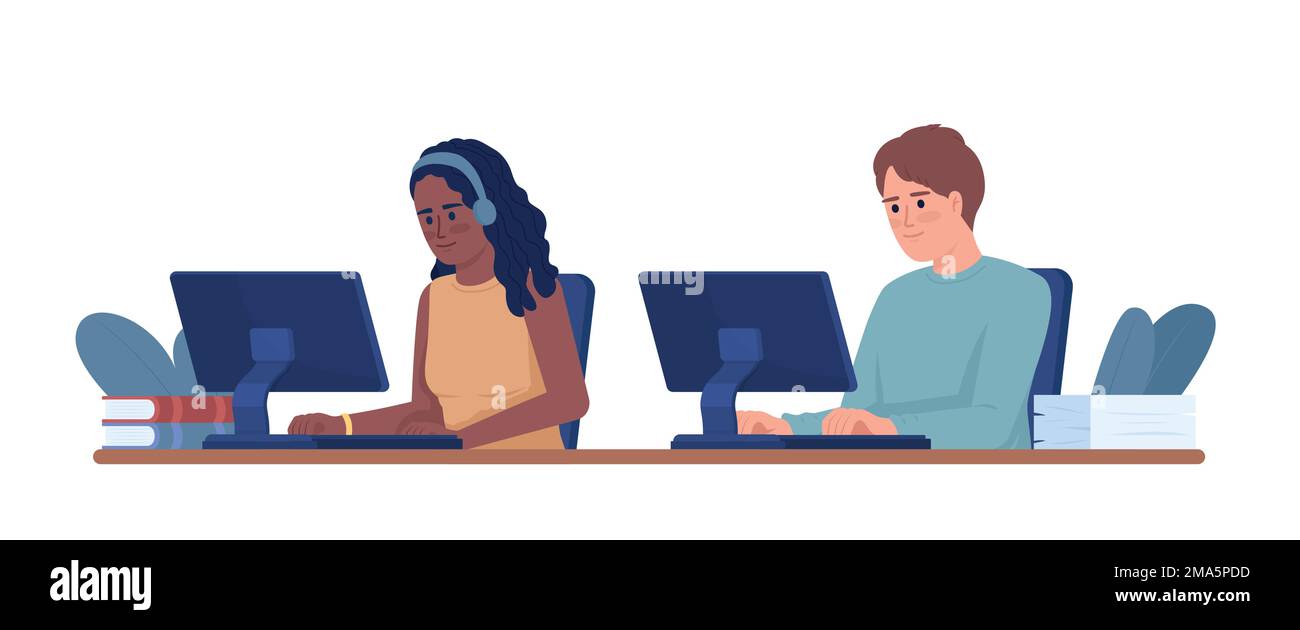Young employees working side by side semi flat color vector characters Stock Vector