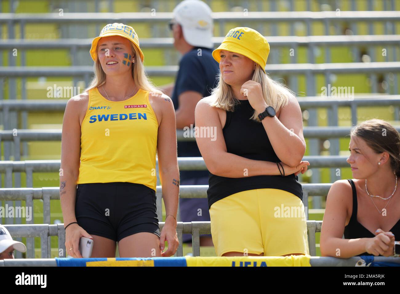 Swedish fans cheering on their country in sport. Stock Photo