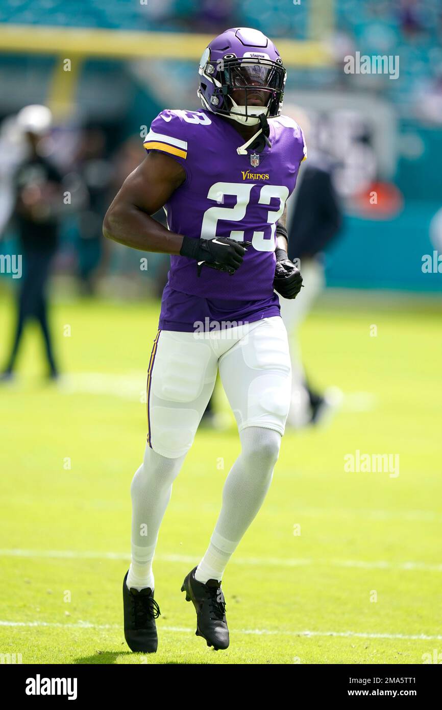 Minnesota Vikings cornerback Andrew Booth Jr. (23) warms up before an NFL  football game against the Miami Dolphins, Sunday, Oct. 16, 2022, in Miami  Gardens, Fla. (AP Photo/Lynne Sladky Stock Photo - Alamy