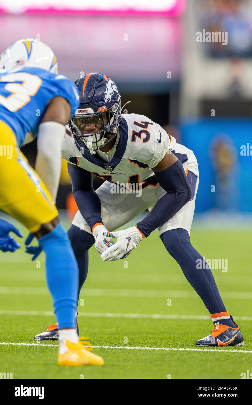 Denver Broncos cornerback Essang Bassey (34) against the Los Angeles
