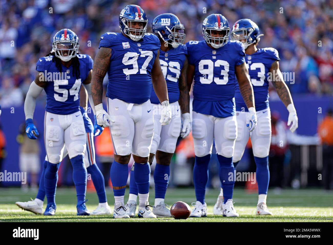 New York Giants defensive tackle Dexter Lawrence (97) waits between plays  against the Baltimore Ravens during an NFL football game Sunday, Oct. 16,  2022, in East Rutherford, N.J. (AP Photo/Adam Hunger Stock