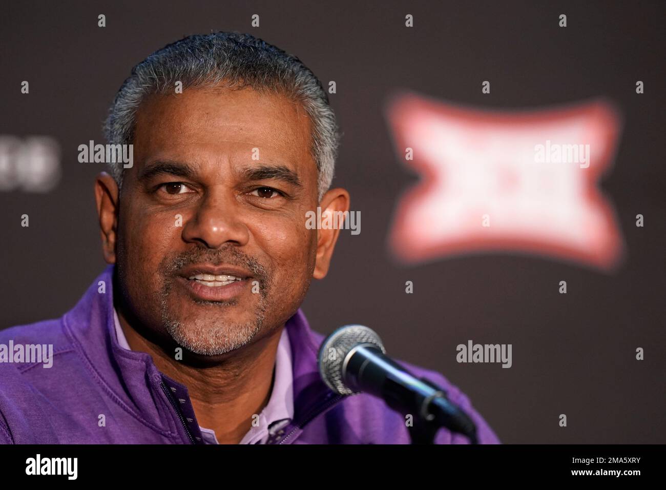 Kansas State head coach Jerome Tang speaks to the media during Big 12