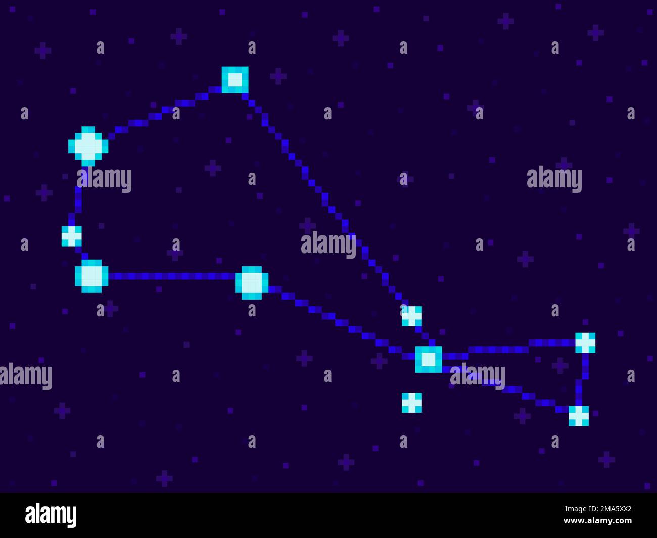 Piscis Austrinus constellation in pixel art style. 8-bit stars in the night sky in retro video game style. Cluster of stars and galaxies. Design for a Stock Vector