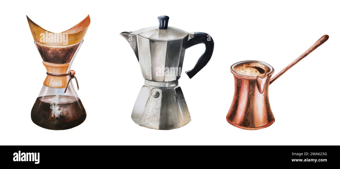https://c8.alamy.com/comp/2MA623G/watercolor-illustration-set-for-making-coffee-include-brass-cezve-geyser-coffee-maker-and-chemex-hand-painting-on-a-white-isolated-background-for-2MA623G.jpg