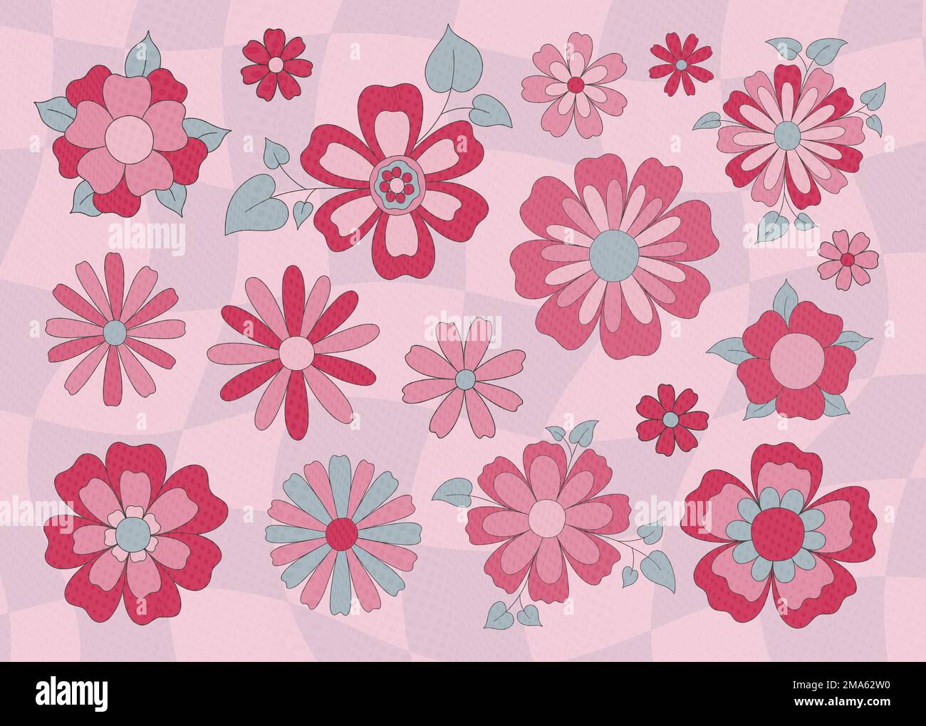 Set of flat flowers in retro style. Abstract vintage style 1960-1970. In trendy 2023 colors Viva magenta. Stock Vector