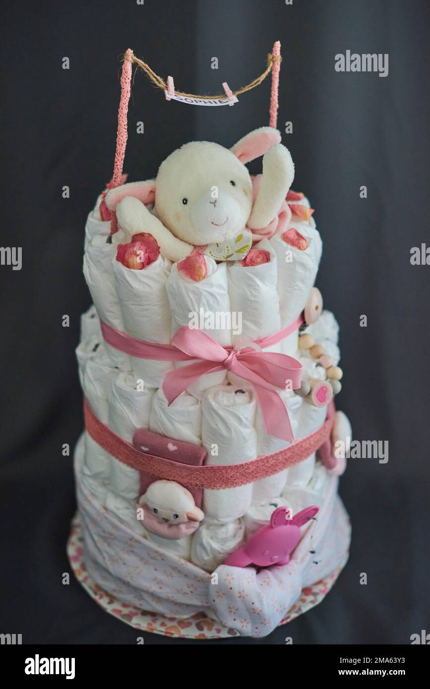 Diaper cake, DIY, present, birth, birthday, Sophie, Studio Stock Photo